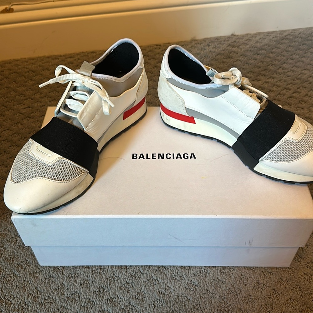 Balenciaga runner sneakers …. Worn once, white with a little red